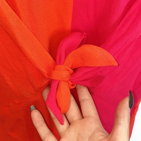 Skies Are Blue Red Orange Colorblock Tie Front Short Sleeve V Neck Mini Dress - Picture 5 of 12